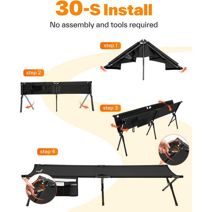 Розкладне ліжечко Sportneer 199 x 73 см, складне кемпінгове ліжко, складне гостьове ліжко для кемпінгу, походів, подорожей на природі, пляжу, саду на свіжому повітрі, використання в приміщенні, чорне