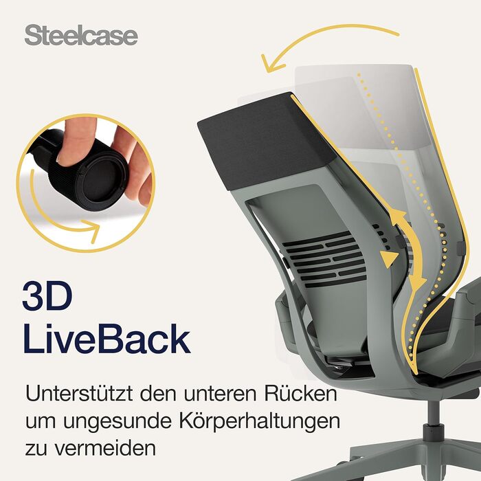 Ергономічне офісне крісло Steelcase Gesture з підлокітниками на 360 та 3D-функцією поперекової підтримки Live Back, колір Black Onyx, 66 x 62,5 x 104 см, без підголівника