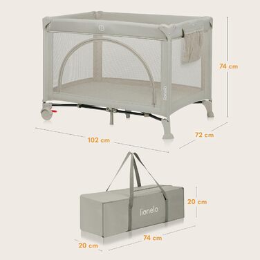 Дорожнє ліжечко Lionelo Laura 2-в-1 до 15 кг, манеж від 0 до 36 місяців, бічний вхід T25, пінопластовий матрац, 2 налаштування висоти, дорожня сумка, колеса з гальмами