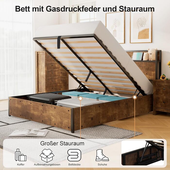 Ліжко з механізмом зберігання та підйому, ліжко-платформа з дерев&39яним узголів&39ям, відділеннями для зберігання та зарядною станцією, без матраца (коричневе, 140x200 см) Коричневий 140x200 см