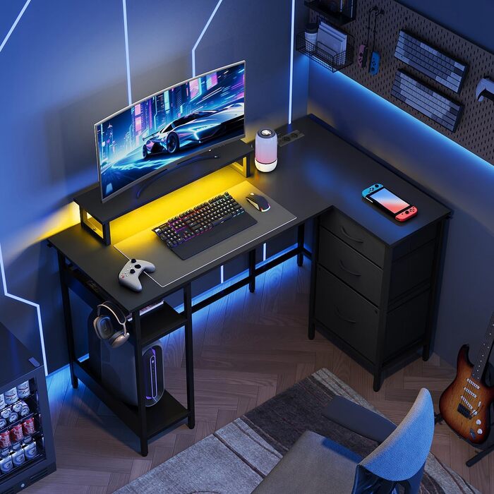 Г-подібний кутовий письмовий стіл DEVAISE 12380 см з 3 шухлядами, стіл з USB-портом та підставкою для монітора, комп&39ютерний стіл із місцем для зберігання для домашнього офісу, чорний.