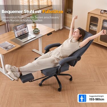 Ергономічне офісне крісло з функцією відкидання спинки, підставка для ніг, крісло з можливістю нахилу 90-135, синхронізовані підлокітники, вантажопідйомність до 150 кг, крісло керівника з високою спинкою, широке сидіння, тканина, темно-синя тканина