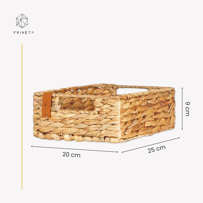 Кошик для зберігання FRIHET, плетений з водяного гіацинта прямокутний підходить як кухонна скринька для зберігання та кошик для фруктів можна використовувати як кошик у їдальні, ванній кімнаті та дитячій кімнаті 25 x 20 x 9 см (2)