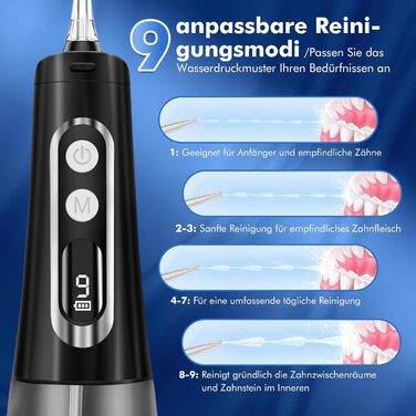 Бездротовий електричний очищувач зубів Oral Irrigator - DIHOOM 300ML Water Flosser 9 Mod & 4 насадки, зарядний пристрій USB водонепроникний IPX7, Стоматологічний іригатор Переможець тесту іригатора для дому та подорожей (чорний)