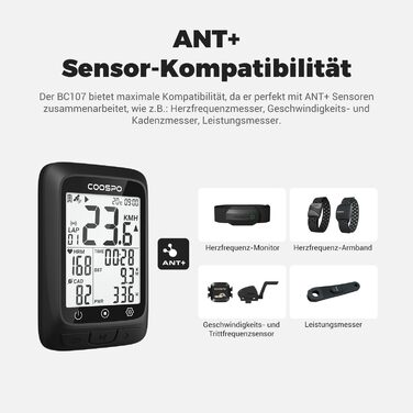 Велокомп'ютер GPS, 2.4 дюйма, Bluetooth 5.0/ANT, Пластик/Електроніка, Чорний