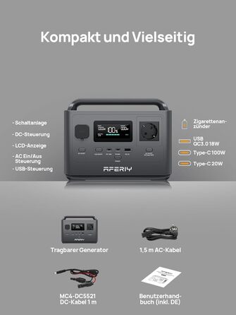 Портативна електростанція AFERIY 400 Вт, акумулятор LiFePO4 ємністю 256 Втгод, швидка зарядка за 1,2 години, 5 портів, синусоїда 230 В, ДБЖ, сонячний генератор для кемпінгу, автофургона, активного відпочинку на природі AF-P040