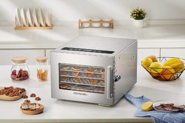 Дегідратор з нержавіючої сталі з регулятором температури (30-90C) Таймер на 24 години Drrer Дегідратор Сушарки для фруктів Дегідратор для фруктів і м'яса Система циркуляції повітря на 360 Цифровий дисплей 6 поверхів