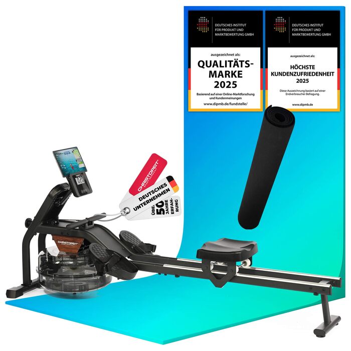 Гребний тренажер Christopeit для домашнього використання водний гребний тренажер WP 2000 або Garda алюмінієва рейка Bluetooth до 120 кг Garda, включаючи захисний килимок для підлоги