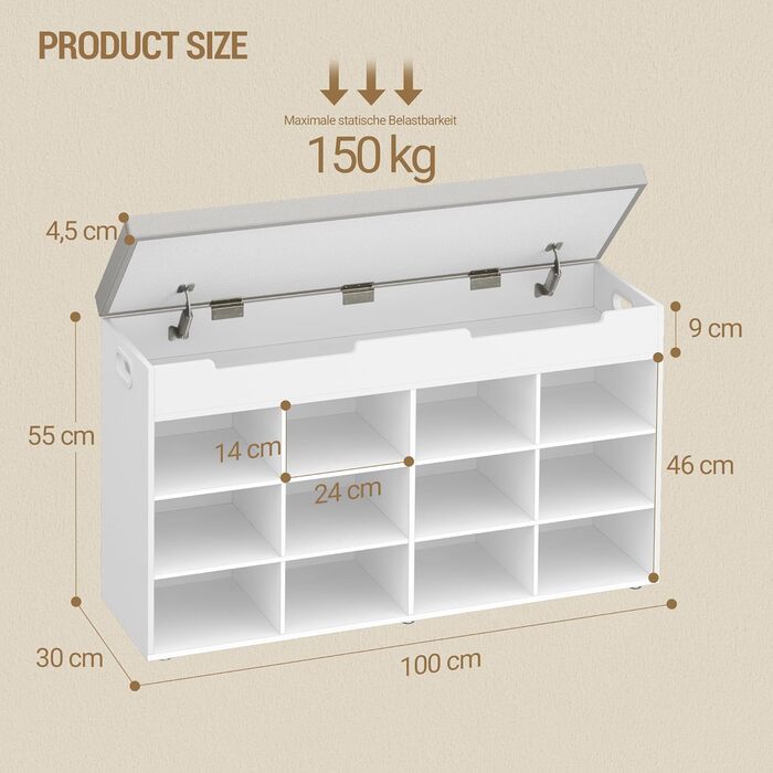 Лавка для взуття Hzuaneri, полиця для взуття із сидінням, лавка для зберігання, 12 відділень, знімні полиці, підходить для вітальні, коридору, входу, 30 x 100 x 55 см, білий SB53503GY