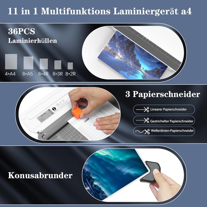 Термоламінатор для формату A4, ламінатор A4, термоламінатор 11 в 1 з 36 ламінувальними пакетами, холодним/гарячим ламінатором, 3 ріжучими головками та вбудованим тримером для школи, дому та офісу, A4 білий