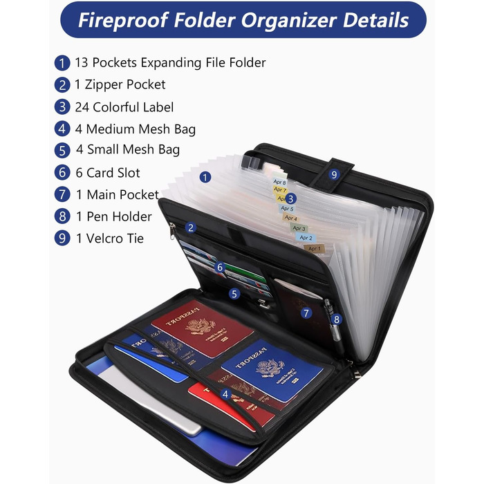 Папка для документів формату А4, вогнетривка коробка для документів, водонепроникна сумка для документів з 13 відділеннями та кількома кишенями для офісу, дому, школи, сумка на блискавці для документів та цінностей
