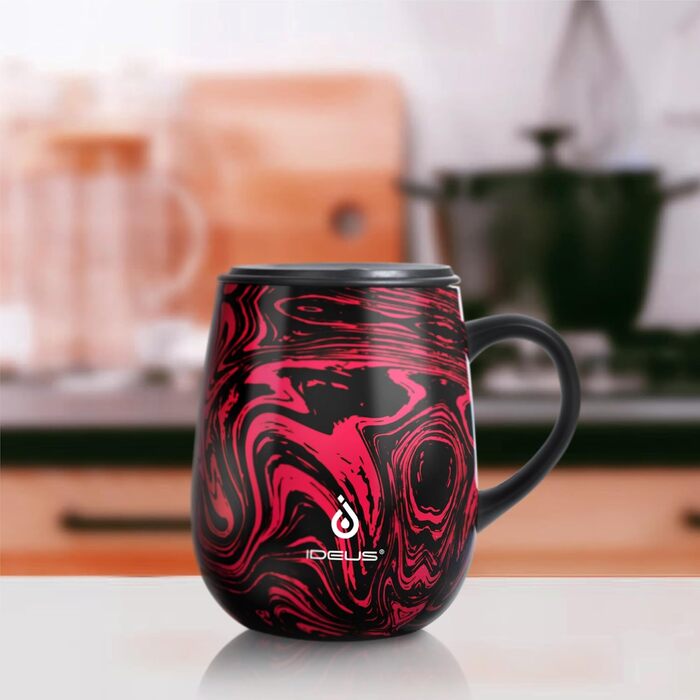 Кавова кружка Ideus 470 мл (16 унцій), двостінна вакуумно-ізольована кружка для кави та чаю з нержавіючої сталі з нековзною ручкою та розсувною кришкою, велика місткість (червона зебра)