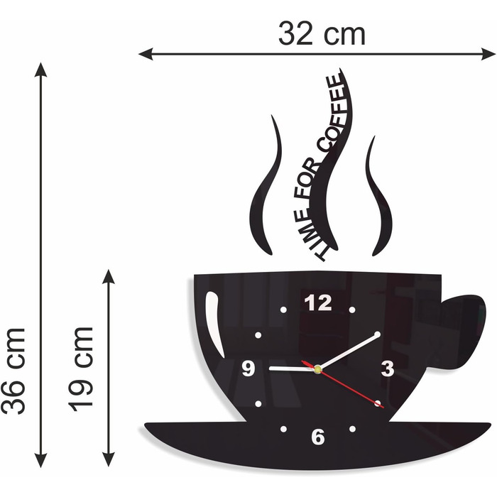 Настінний годинник FLEXISTYLE Tasse Zeit fr Kaffee для сучасної кухні, чорний, 3D римські цифри, декор, 32 x 19 см