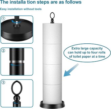 Надміцний тримач для туалетного рулону (з функцією резерву), окремостоячий тримач для туалетного рулону, запасний тримач для туалетного рулону, загальна висота 57,1 см, матовий чорний Матовий чорний