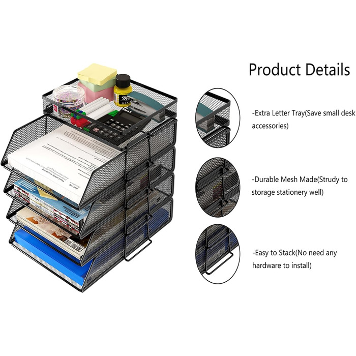 Настільний органайзер TQVAI з 4 відділеннями та верхнім лотком, металевий лоток для документів, лоток для паперу A4, органайзер для журналів для офісу, дому та школи, чорний