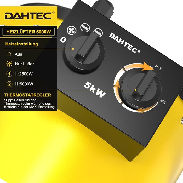 Промисловий обігрівач з вентилятором потужністю 5000 Вт для великих приміщень з термостатом та 3 режимами нагріву, будівельний обігрівач, сушарка для будівель, вентилятор з портативною ручкою для гаража, будівельного майданчика