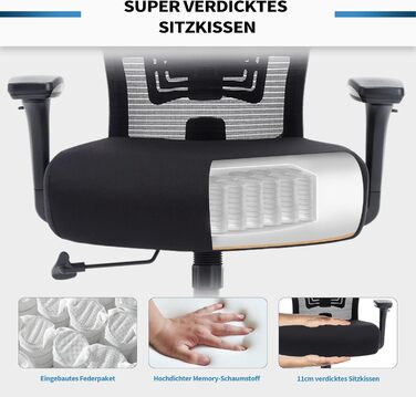 Офісний стілець Bosmiller 200 кг, ергономічний стілець XXL, обертовий стілець з 3D-підлокітниками, регульованим підголівником, крісло керівника, сітчастий офісний стілець, сірий