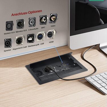 Вбудована настінна розетка для конференц-залу, столу, мультимедійна розетка, срібляста - 2 шт. Schuko - 2 шт. CAT6 - 2 шт. HDMI - USB 3.0 - стерео - USB-C для передачі даних (чорна)