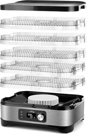 Дегідратор нержавіюча сталь 450W Сушарка для їжі з 5 рівнями дегідратора Дегідратор з регулятором температури 35-70C Сушарка для фруктів, грибів, м'яса, трав, без бісфенолу А, 4525