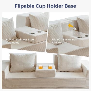 Розкладний диван MAXYOYO, вельветовий диван на підлозі, розкладний диван з підставкою для чашок та декоративними подушками, зручний компресійний диван для вітальні, спальні, кімнати для гостей, кремовий 3-місний