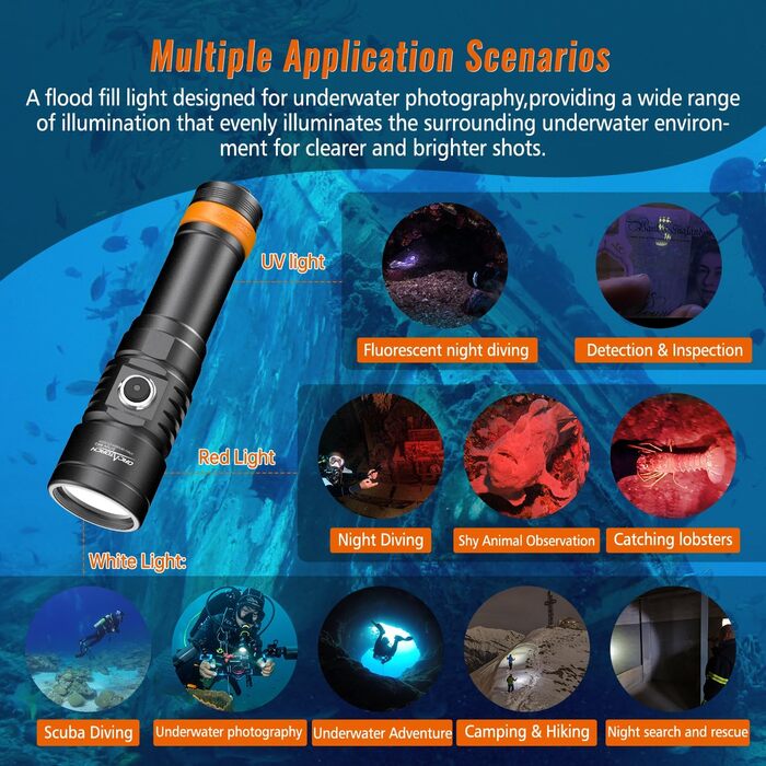 Ліхтар для дайвінгу ORCATORCH D710V MK2, ліхтарик для дайвінгу 2300 люмен з білим УФ червоним світлом для відеозйомки, водонепроникний світлодіодний ліхтарик IP68 для підводних занурень на 150 м, нічних занурень, дайвінгу на затонулих суднах, кемпінгу