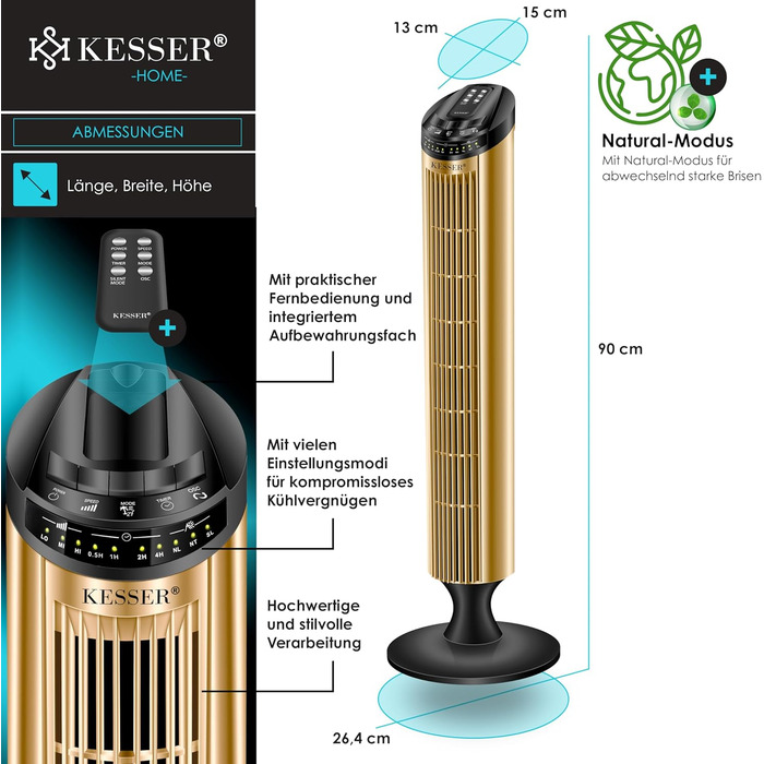 Баштовий вентилятор з пультом дистанційного керування Кут коливання 90 3 швидкості 90 см функція таймера турбо-функція колонний ве