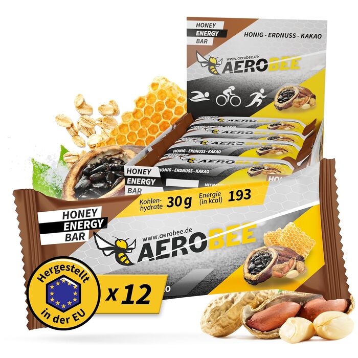 Енергетичний батончик AEROBEE - Унікальний енергетичний батончик з меду, арахісу та какао 12x50 г - Вівсяний батончик без цукру, ідеальний батончик для витривалості та енергії, їжа для походів або заміна їжі в офісі Мед, арахіс та какао (12 шт. )