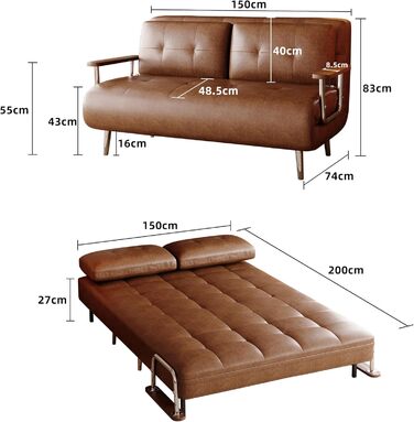 Диван-ліжко під шкіру, сучасний 2-місний диван з функцією сну, диван-ліжко з розкладним матрацом, універсальний диван-ліжко для віталень, спалень та невеликих кімнат, коричневий (150 см)