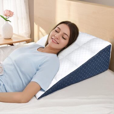 Універсальна клиноподібна подушка INFANZIA для ліжка та дивана - подушка для читання з піни з ефектом пам&39яті - ергономічна клиноподібна подушка для ліжка від рефлюксного апное сну, ідеальна подушка для спини для підтримки спини під час гри (білий/синій