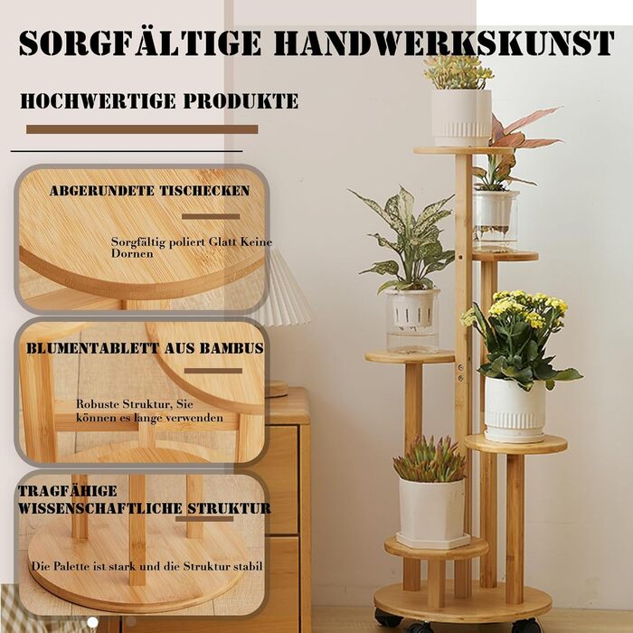 Бамбукова підставка для квітів на колесах, 5-ярусна підставка/стійка для квітів на балкон, шасі Ø31,5 см * верхня полиця Ø19 см * висота 88 см, полиця для рослин для використання на вулиці, легко переміщується (колір дерева), 5-ярусна підставка для рослин