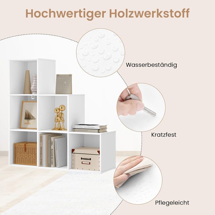 Книжкова полиця WOLTU з 6 відділеннями, кубічна полиця, полиця для сходів, полиця-сходинка, полиця-стояча полиця, для вітальні, спальні, дитячої кімнати, офісу, біла, 90,5x90,5x30 см, SK061ws Біла 6 відділень (30Г x 90,5Ш x 90,5В см)