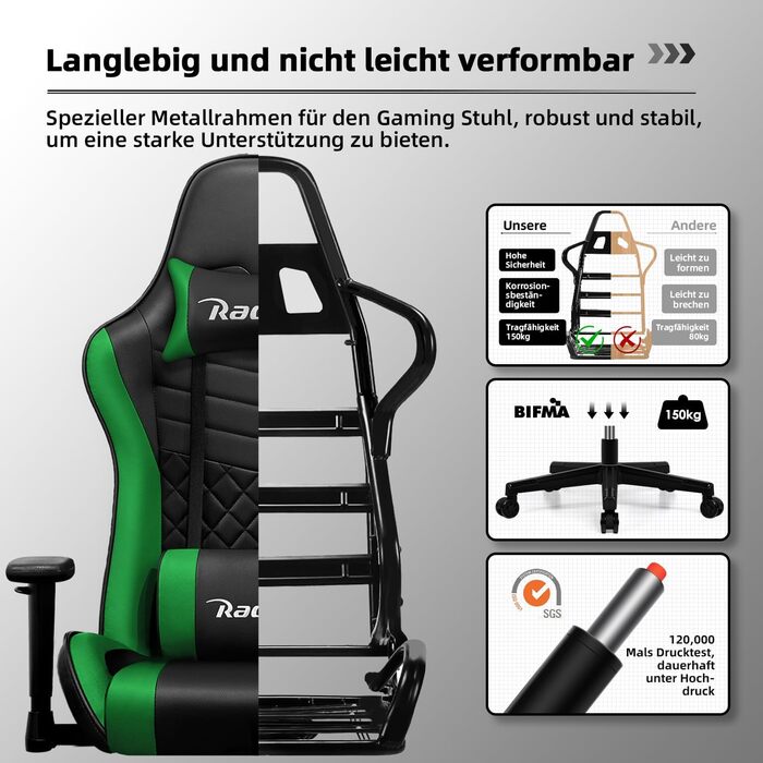 Ігрове крісло, офісне крісло, ігрове крісло з функцією гойдання до 170, ергономічне ігрове крісло з регульованою поперековою подушкою та підголівником, м&39яке ігрове крісло з подушкою сидіння, ігрове крісло 150 кг