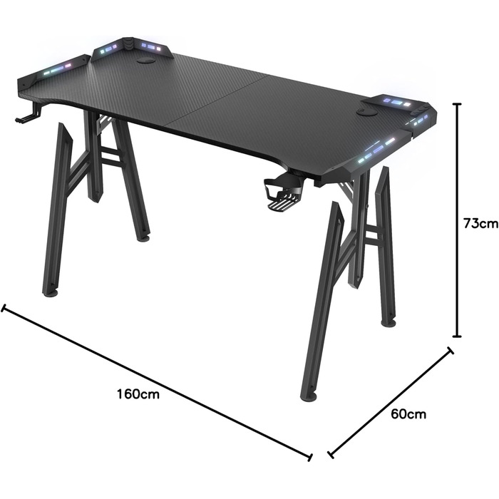 Ігровий комп&39ютерний стіл зі світлодіодним підсвічуванням 160x60 см, чорний, ПК-стіл з підставкою для чашок та гачком для навушників, ергономічний ігровий стіл M-подібної форми, ігровий стіл з вуглецевим волокном для спальні/кабінету, 160x60x73 см
