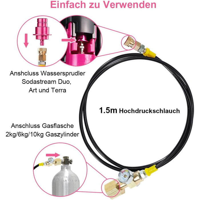 Шланг високого тиску ASOFTY Co2 1,5 м з манометром 3000 фунтів на квадратний дюйм, сумісний з Sodastream Duo, Crystal 3.0, Gaia, Art і Terra, підтримка більшого газового балона CO2 з бар'єром зворотного потоку Універсальний тип - з манометром