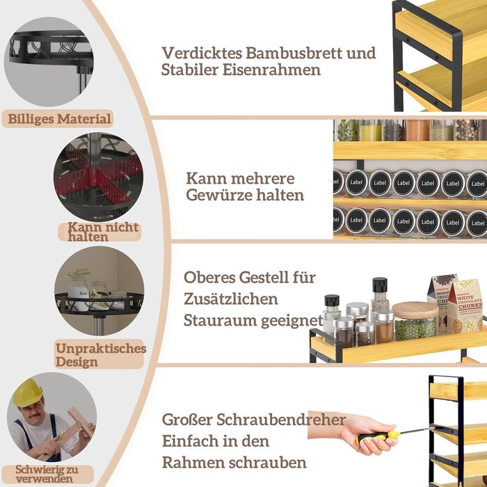 Рівнева дерев&39яна підставка для спецій, стояча підставка для спецій, на 35 пляшечок зі спеціями (скло не входить до комплекту), для кухонь, шаф, комор, стільниць, органайзер для спецій., 4-