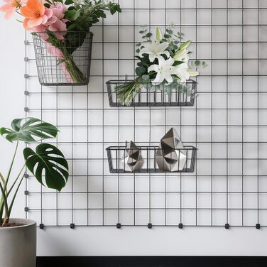 Набір із 6 підвісних дротяних кошиків, 31,5 x 10 x 7,5 см, чорні металеві кошики з гачками для настінних сіток, металеві кошики, дротяні кошики, поличні кошики для стіни