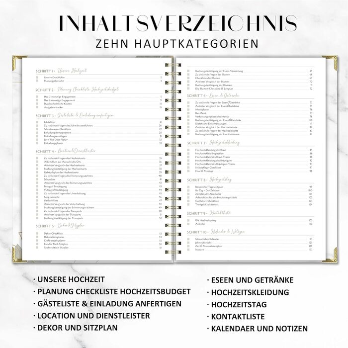 Весільний планувальник німецькою мовою для великого дня, 160 сторінок з розкладом, контрольними списками, часовим графіком та порадами, весільна книга з календарем, чудовий подарунок на заручини - DIN A4 Modern (німецька)