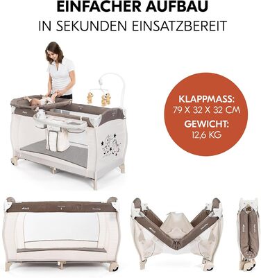 Дорожнє ліжечко Hauck Babycenter Zoo - вкл. вкладиш для новонароджених, пеленальний килимок, ігрова арка з музичним мобілем, лоток для зберігання, колеса, матрац, сумка для перенесення (регульована по висоті та складається) - 120x60 см