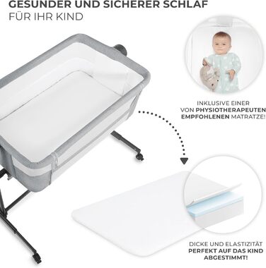 В-1 приліжкове ліжечко, дорожнє ліжечко з матрацом та простирадлом, 5-рівневе регулювання висоти матраца, 4 колеса з гальмами, м&39який матеріал, легка конструкція, сірий Neste Grey, 2 2-