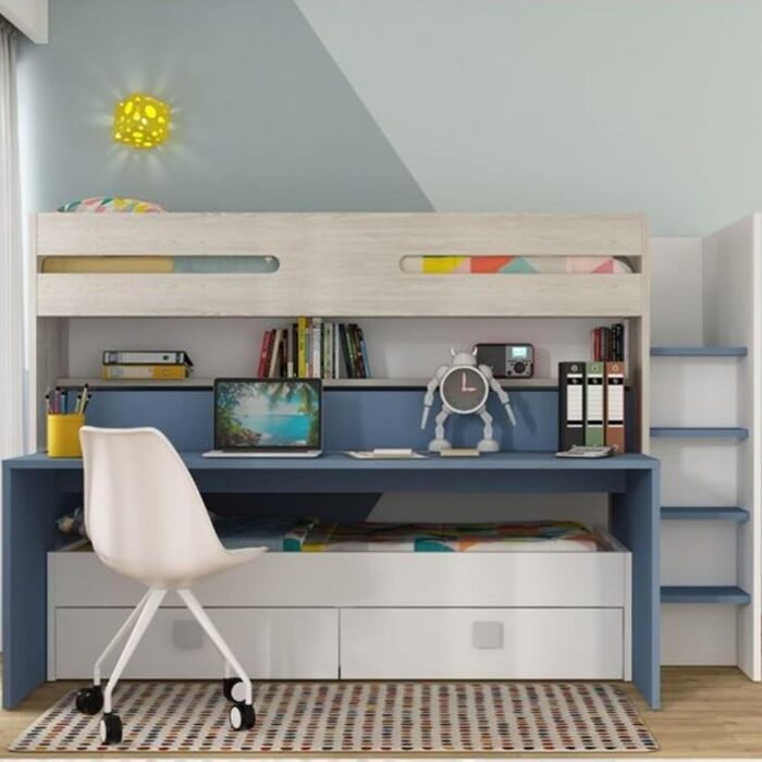 Дитяче двоярусне ліжко з письмовим столом і висувним спальним місцем Колір білий і блакитний