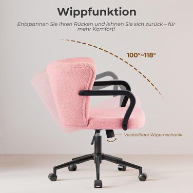 Крісло для офісу з регульованою висотою, ергономічне офісне крісло з високою спинкою та підлокітниками, обертове крісло з крилами спинки, крісло для туалетного столика, крісло для туалетного столика з колесами, рожева тканина шерпа