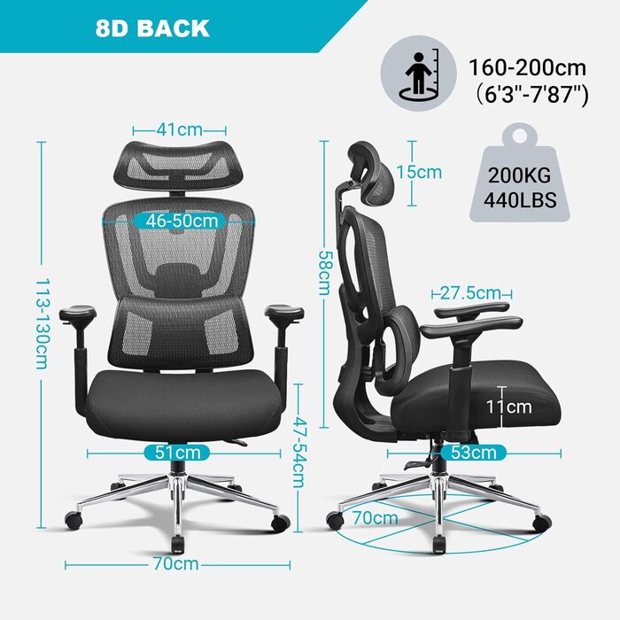 Ергономічне офісне крісло з 8D-регульованою поперековою опорою Переможець ергономічного тесту Підлокітники 4DMagic Офісне крісло з опорою 200 кг Офісне крісло з 3-етапним механізмом блокування та сертифікованою EN12520 спинкою з пінопластовою м&39якою під