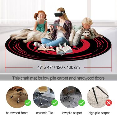 Захисний килимок для ігрових офісних крісел, килимки для крісел для килимів з низьким ворсом та паркетних підлог, круглі килимки для підлоги 120 x 120 см для ігрових кімнат, спалень, віталень та офісів, чорний/червоний
