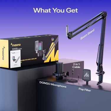 Ігровий USB-мікрофон MAONO DGM20S з пантографом конденсаторний мікрофон з шумозаглушенням, регуляторами Mute, Gain та моніторингом, поп-фільтром для стрімінгу, подкастів, Twitch, YouTube, Discord, PC, PS5, Mac, чорний