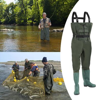 Вейдерси, водонепроникні рибальські вейдерси з нейлону 70D, композитні ПВХ, рибальські штани з нековзними гумовими чобітьми, вейдерси для ставка, вейдерси для захисту від повені, для будівельних майданчиків, риболовлі, ферм, садів, розмір 45 з гачками