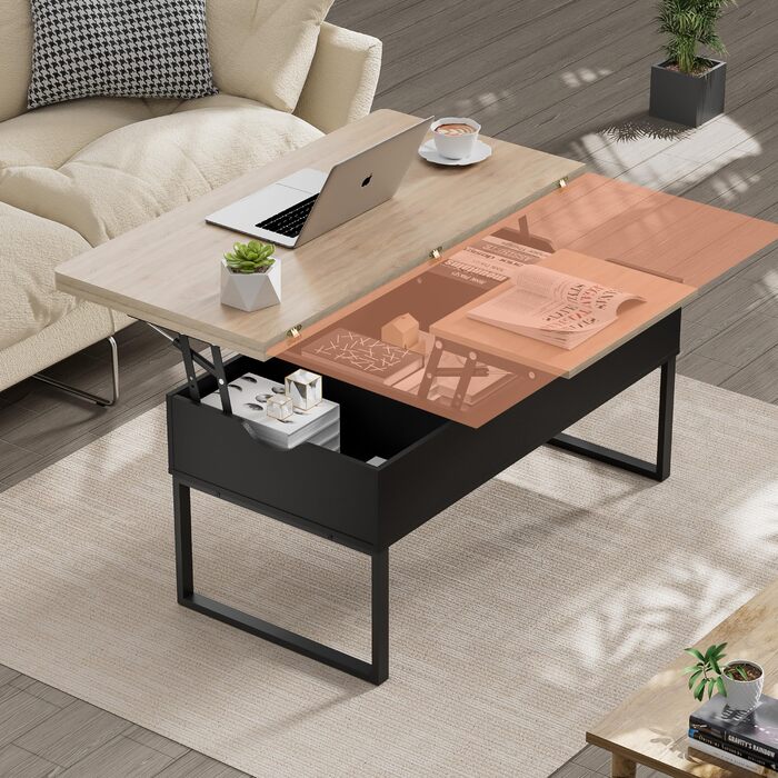 Розсувний журнальний столик з регульованою висотою, шухлядами та відкритим відділенням, коричнево-чорний, легкий підйом та закриття, більші приховані відділення