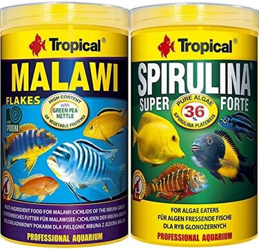 Корм для риб Tropical Spirulina Forte 36 1 літр пластівці Malawi 1 літр, подвійна упаковка, 2 упаковки, корм для цихлід та малавійських риб безкоштовні зразки корму