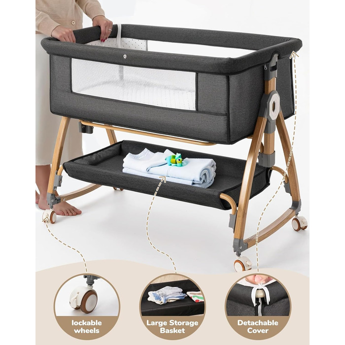 Дитяче ліжко COMOMY 3-в-1, дитяче ліжечко, дитяча колиска на колесах, включаючи матрац та москітну сітку, регулювання висоти в 6 напрямках