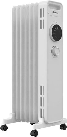 Масляний радіатор Midea NY1507-22M, енергозберігаючий, тихий електричний обігрівач потужністю 1500 Вт із 7 ребрами, термостатом, 3 режимами нагріву, захистом від перекидання та перегріву, еко-режимом, швидким нагріванням та портативним, білий колір