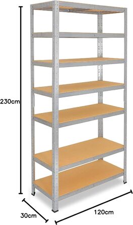 Міцний домашній стелаж, оцинкований/металевий стелаж з 7 полицями/металевий стелаж для підвалу, гаражний стелаж, стелаж для майстерні або стелаж для зберігання/змішаний металевий стелаж з вантажопідйомністю 125 кг В 230 см / Ш 120 см / Г 30 см, 230x120x30